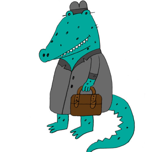 Pen illustration of the crocodile who is wearing gray raincoat, gray hat and holding an brown briefcase