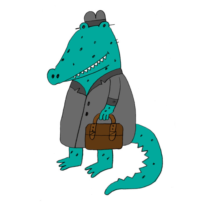 Pen illustration of the crocodile who is wearing gray raincoat, gray hat and holding an brown briefcase